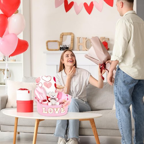 12 Pcs Valentine's Day Woven Basket Gift Set Romantic Spa Relaxation Basket Set for Her Self Care Package with Heart Blanket Socks Bath Salt Ball Glass Cup Bear for Women Girlfriend Wife Mom (Pink)
