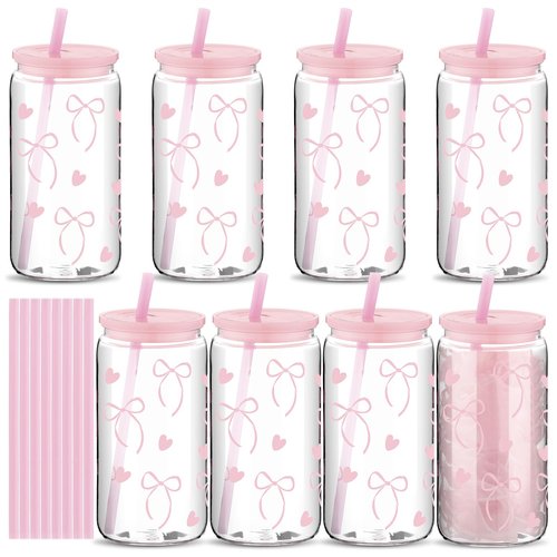 Yetene 8 Pcs Coquette Bow Plastic Cups with Lids and Straws 16 oz Acrylic Mason Jars Aesthetic Reusable Bottles Iced Coffee Mug Beer Glass Tumbler for Birthday Coquette Party(Bow,Pink)