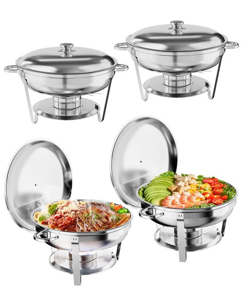5QT Chafing Dish Buffet Set of 4 Pack, Food Warmers and Servers Round Stainless Steel Chafer with Food & Water Pan, Lid, Frame, Fuel Holder for Catering,Parties and Festivals