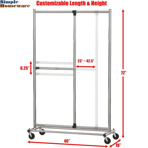 Simple Houseware Dual Bar Adjustable Garment Rack, Chrome, 72-inch Height