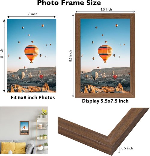 JCJMY 6x8 Picture Frame - Brown Wall Hanging or Tabletop Display | Shatter-Resistant Plexiglass