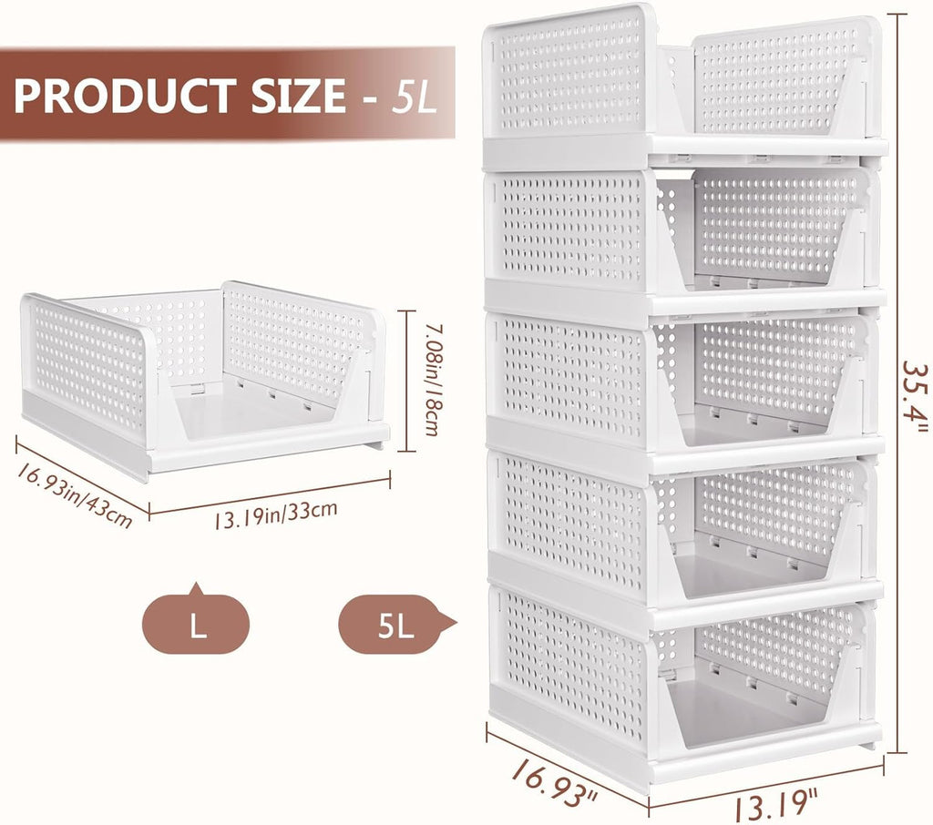 Skiennix 5-Pack Folding Closet Organizers - Stackable Plastic Storage Bins for Home & Office - White 5L