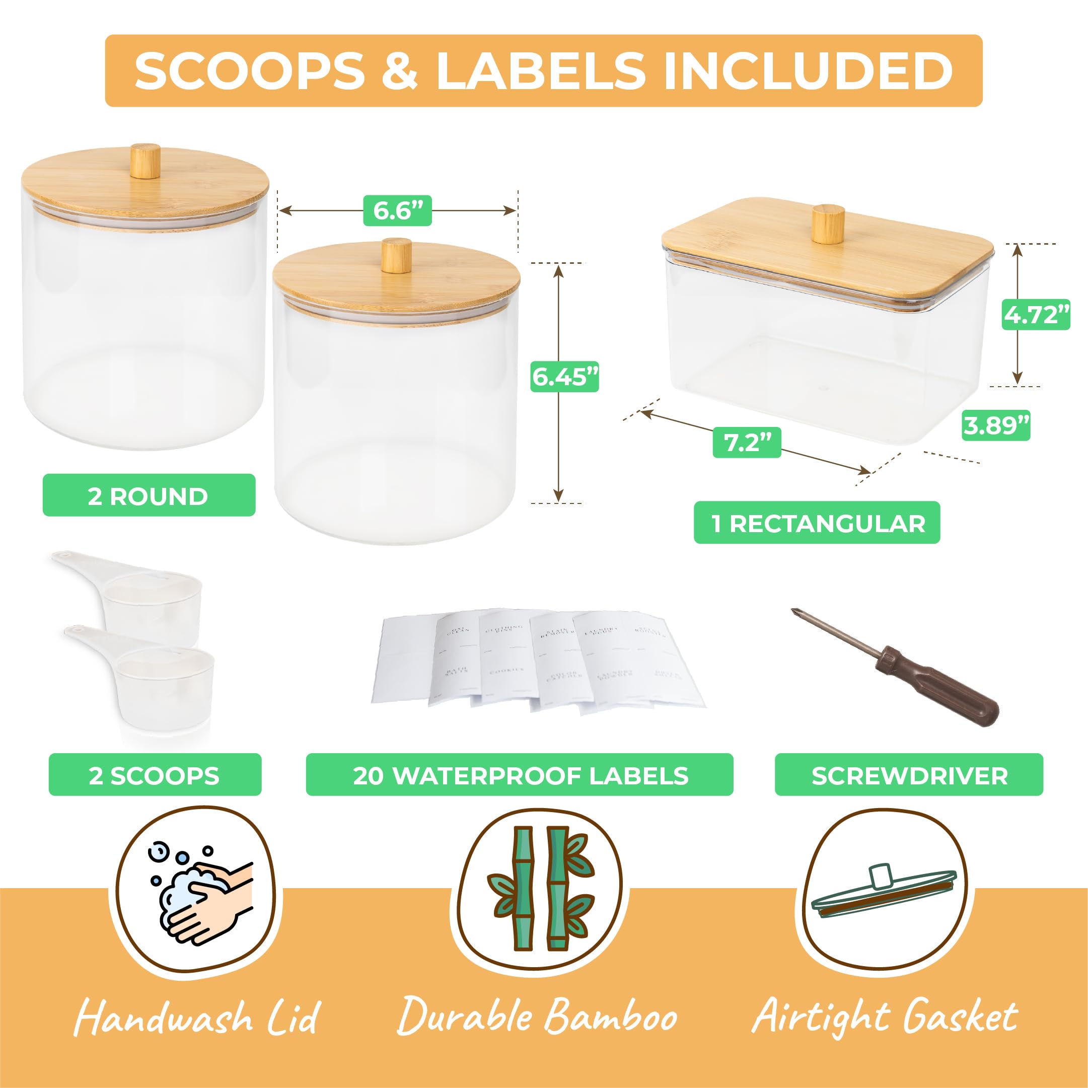 Just Peachy Home Laundry Pods Containers for Organizing Dryer Sheet Holder & Laundry Jars with Lids, Labels & Scoops - Acrylic Laundry Storage Containers for Powder, Pods, Detergent, Scent Booster