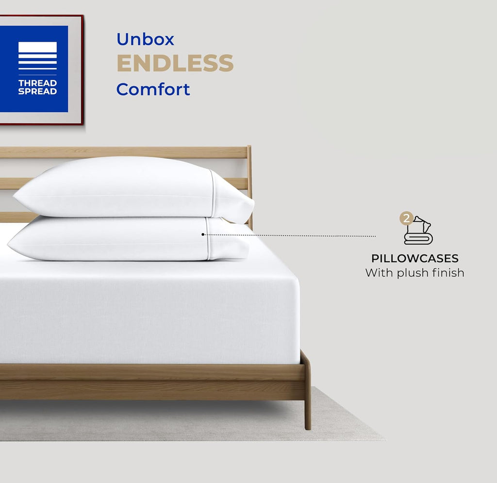 Thread Spread King Size Pillow Cases Set of 2 | Luxury 400 Series Glee Collection - Soft, Cooling, Durable Cotton (White)