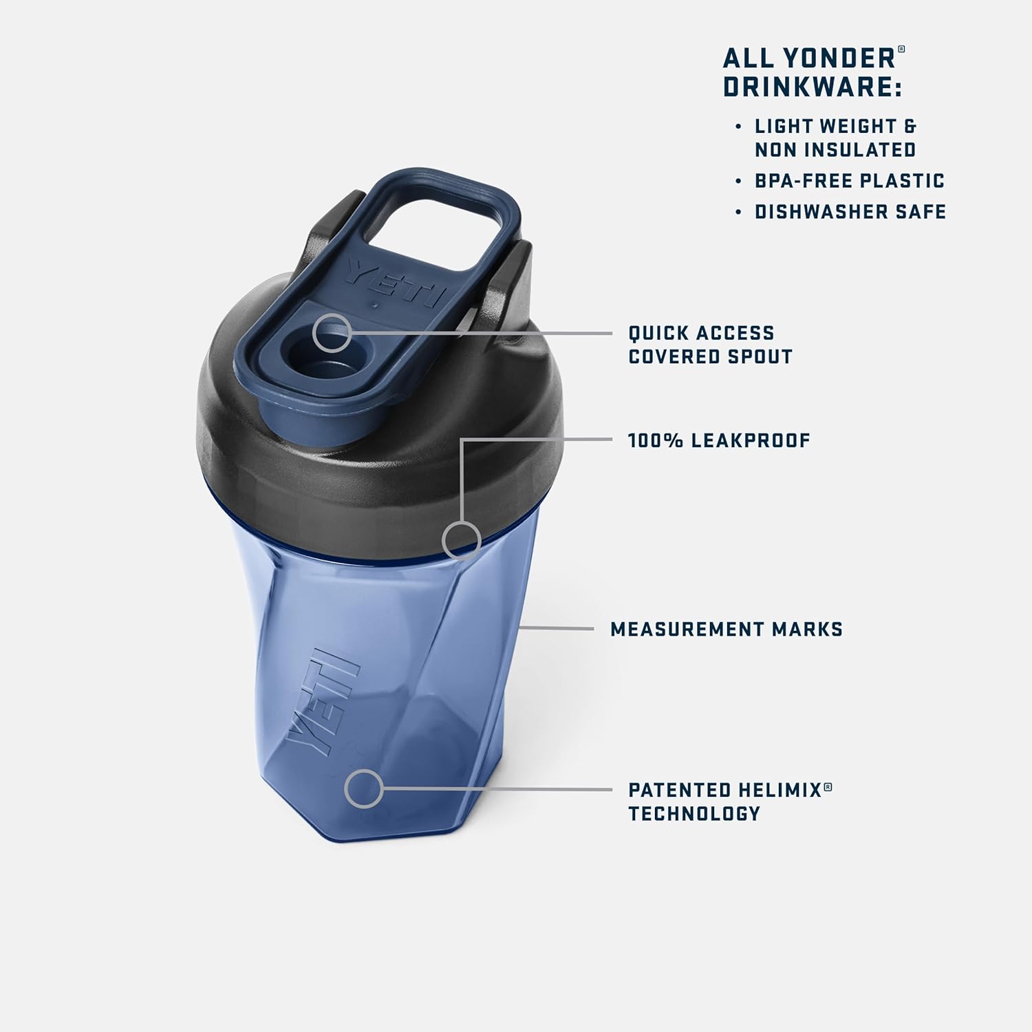 YETI Yonder Helimix Vortex Blender Shaker Bottle - 20oz Portable Protein Cup | Dishwasher Safe, Navy
