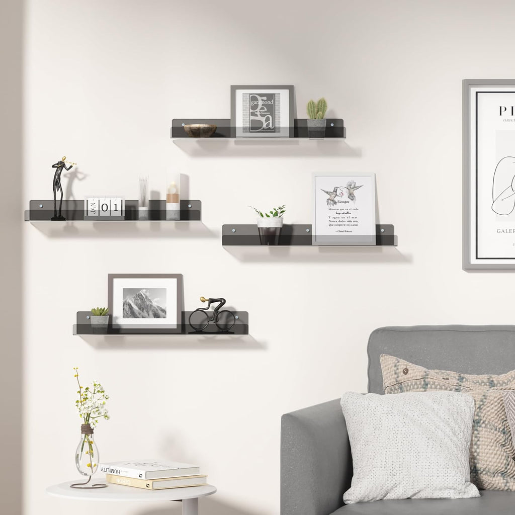 Upsimples Acrylic Wall Shelves - 15" Floating Display Shelf & Perfume Organizer | Clear Black, 4 Pack