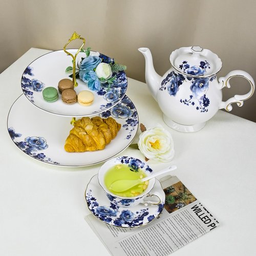LE POTOCIO 2-Tier Afternoon Tea Stand, Porcelain Cupcake Stand Serving Tray, Blue and White Bone China Cake Stand, Pastry Serving Stand for Tea Party, Wedding and Birthday (LH 2 Tiers)