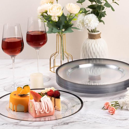 Goodluck 12 Inch Disposable Charger Plates Plastic, 100 Pack Plastic Clear Charger with Black Rim for Dinner, Wedding, Party