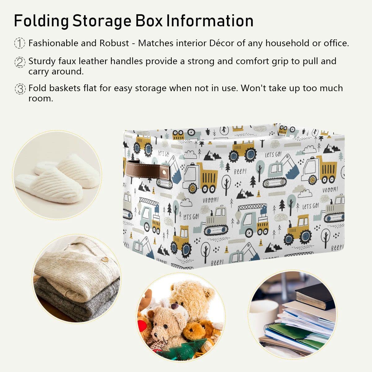 Wamika Excavator Truck Toy Storage Basket Fabric Kitchen Baskets Cars Boys Toys Open Home Storage Bins Boxes Foldable Organizer Bag for Baby Cloth Book Shelf Closet Baskets 16×12×8 Inches