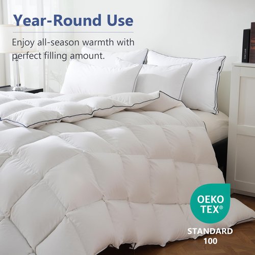 DOWNCOOL Feather Down Fiber Comforter Queen Size, 100% Cotton Ultra Soft Fluffy Duvet Insert Queen, All Season Luxurious Hotel Bedding Comforters with Corner Tabs, White 90"x90"