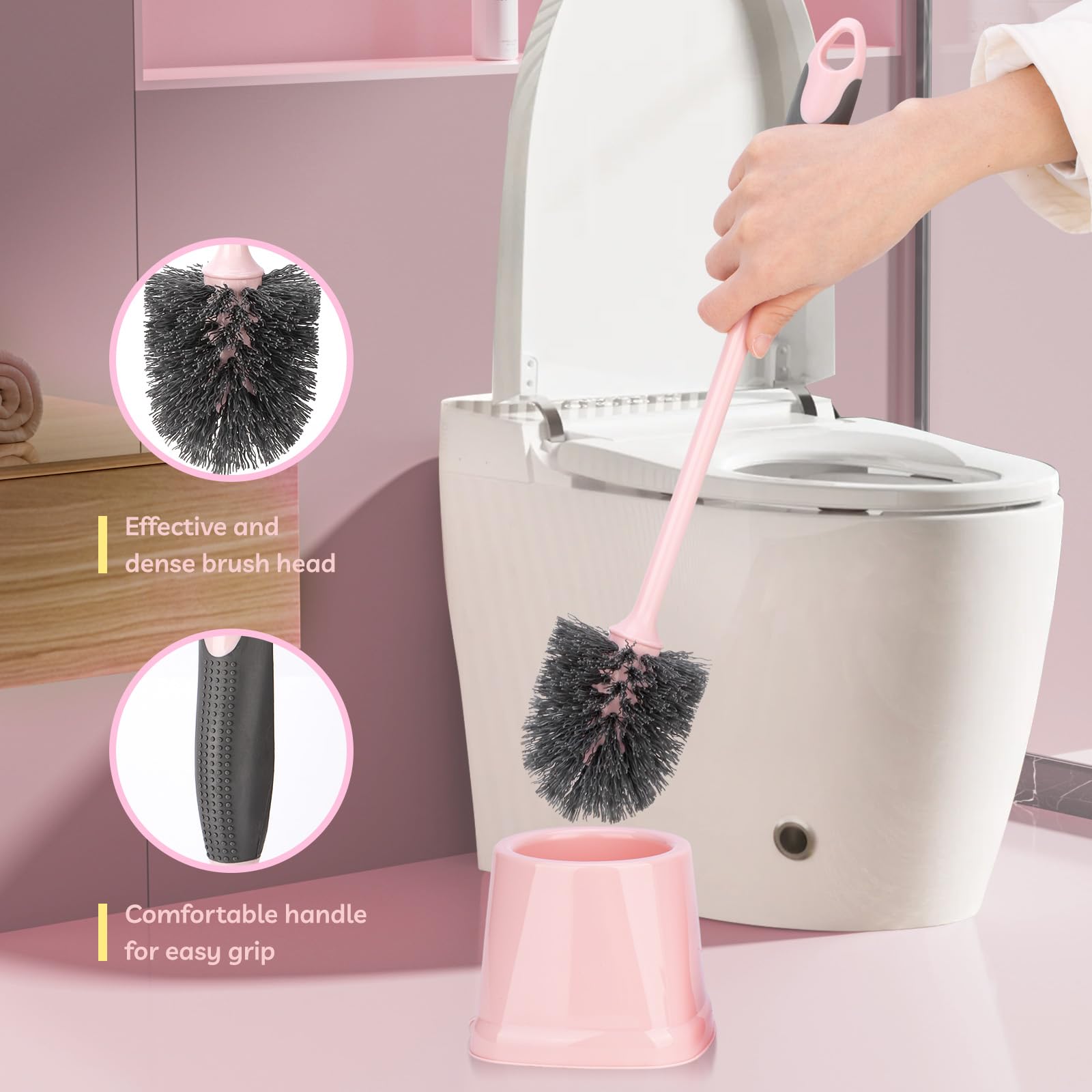 CALBEAU Toilet Brush, 2 Pack Toilet Scrubber Brush and Holder Set Bathroom Accessories, 14 Pcs Bathroom Cleaning Kit, Pink Toilet Bowl Brush and Holder with 5 Brush for Bathroom Bathtub Washbasin