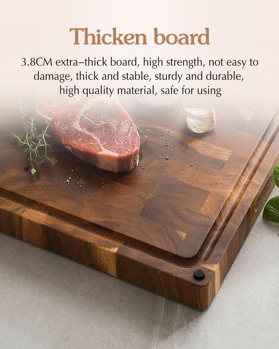 XINZUO Large Thick End Grain Acacia Wood Cutting Board- (19''L x 14''W x 1.5''T) Reversible Wooden Chopping Board with Non-Slip Feet, Built-in Handles and Juice Groove- Butcher Block Cutting Board