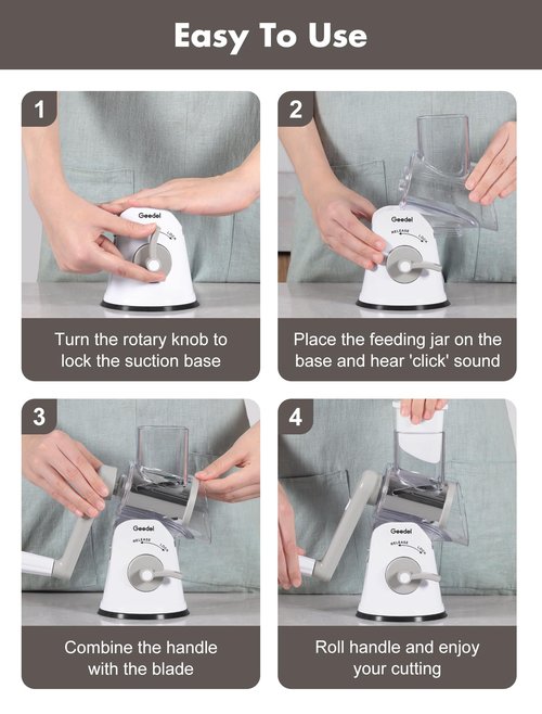 Geedel Rotary Cheese Grater Cheese Shredder with 5 Interchangeable Blades - Upgraded Rotary Grater Featuring Strong Suction Base for Cheese Shredding, Wavy Slicing, Nut Grinding, and Ice Shaving