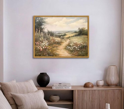 Framed Countryside Landscape Canvas Wall Art - Vintage Wildflower Meadow Print | 16x24 Inch Ready to Hang