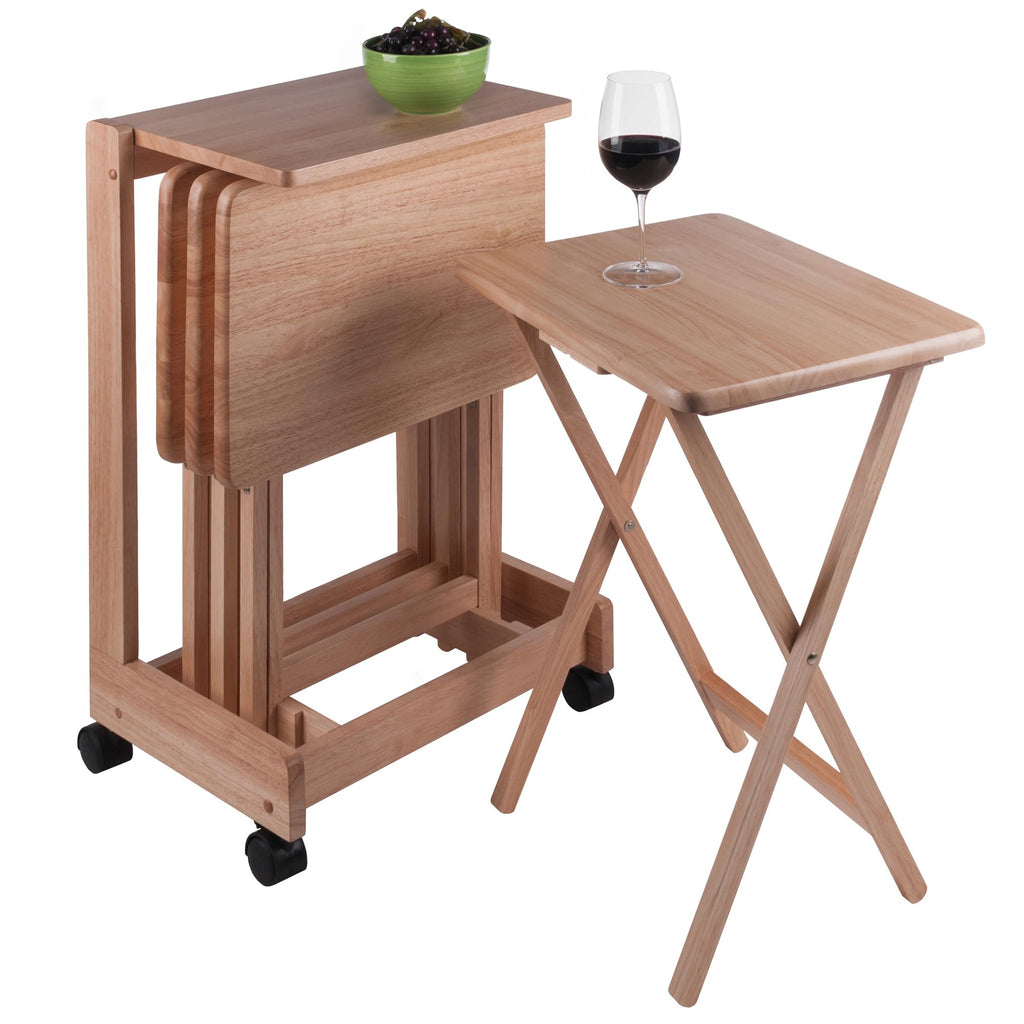 Winsome Brienda Snack Table Set with Mobile Serving Cart, for Living Room, Patio, 32", Natural, Set of 4 Tables