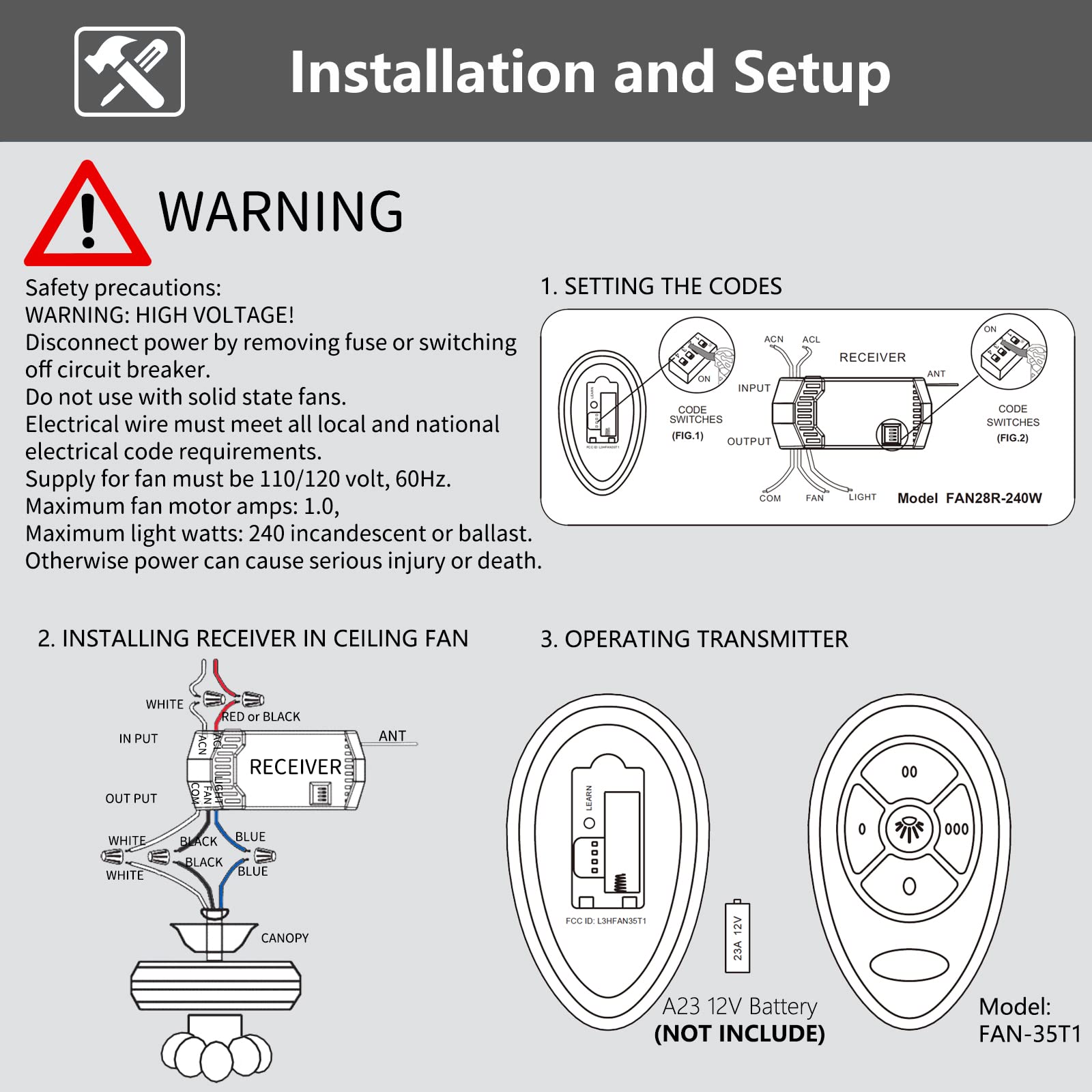 Universal Ceiling Fan Remote Control Kit for Harbor Breeze Hunter Allen Roth Hampton Bay,w/Receiver Light Dimmer 3-Speed, Replacement of L3HFAN35T1 35T1 L3HFAN35T 35T KUJCE9603 UC7202T CHQ7202T