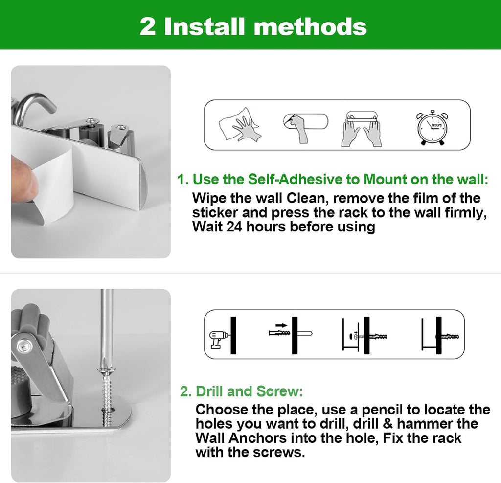 Voze Mop And Broom Holder - 5 Racks & 4 Hooks, Heavy-Duty Wall Mount Organizer | Silver