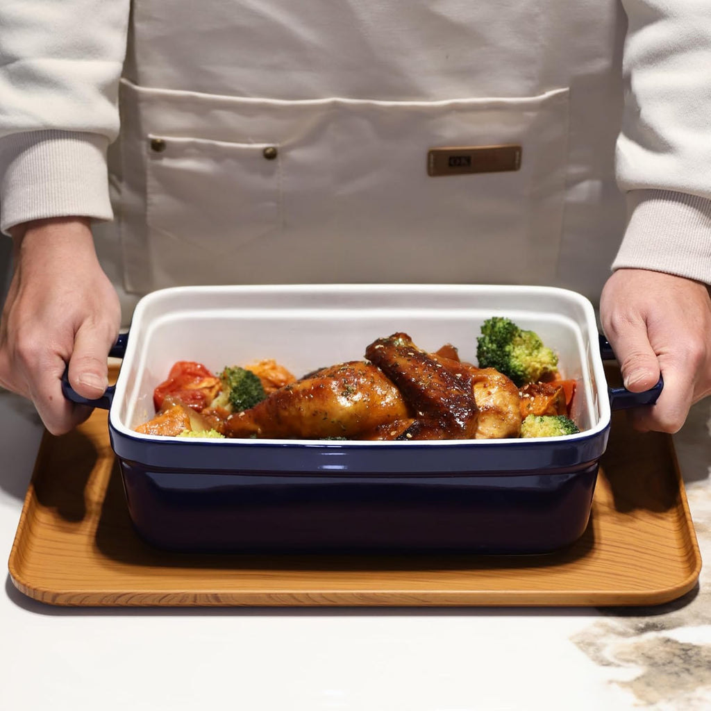 Skiennix Baking Pan - Deep Ceramic Lasagna Dish with Handles & Lid | Navy Blue, 3.1 Quarts