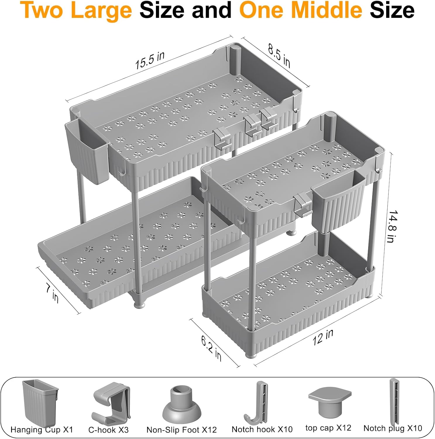 Sevenblue 3-Pack Under Sink Organizers - 2-Tier Kitchen & Bathroom Storage with Sliding Drawers | Gray, 14.8 Inch
