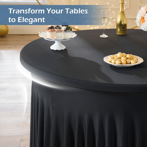 6 pk Black Spandex Round Tablecloth 60 inch with Ruffled Skirt,Wrinkle Free High-Stretch 120 inch Table Cloths Fitted 5ft Round Elastic Spandex Table Covers for Party Wedding Banquet Dinning Tables