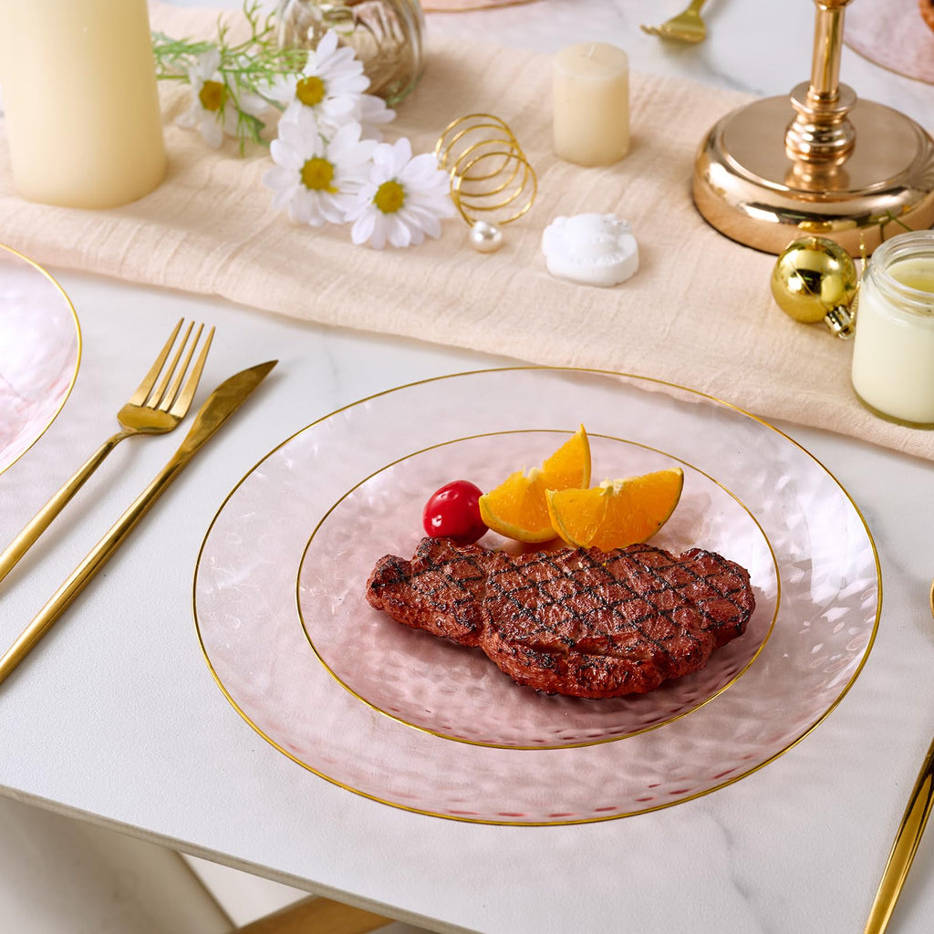 FOCUSLINE 60Pcs Clear Plastic Plates, Pink Disposable Plates with Gold Rim, 30 7" Salad Dessert Plate and 30 10" Dinner Plate Heavy-duty Hammered Plates for Party, Wedding