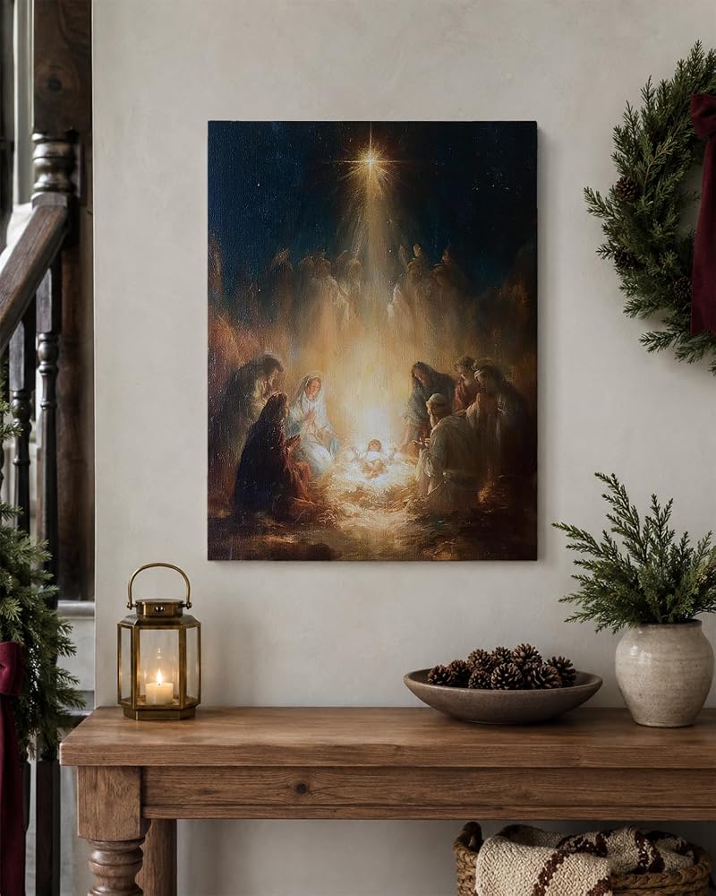 Nativity Wall Art 12x16 with Glowing Star Framed Canvas Print - Variation: Nativity Star Scene