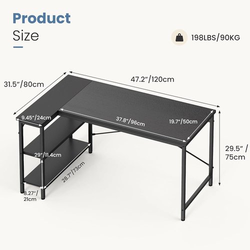 DUMOS L-Shaped Desk - 47-Inch Computer Desk with Reversible Storage Shelves | Modern Black Home Office Furniture