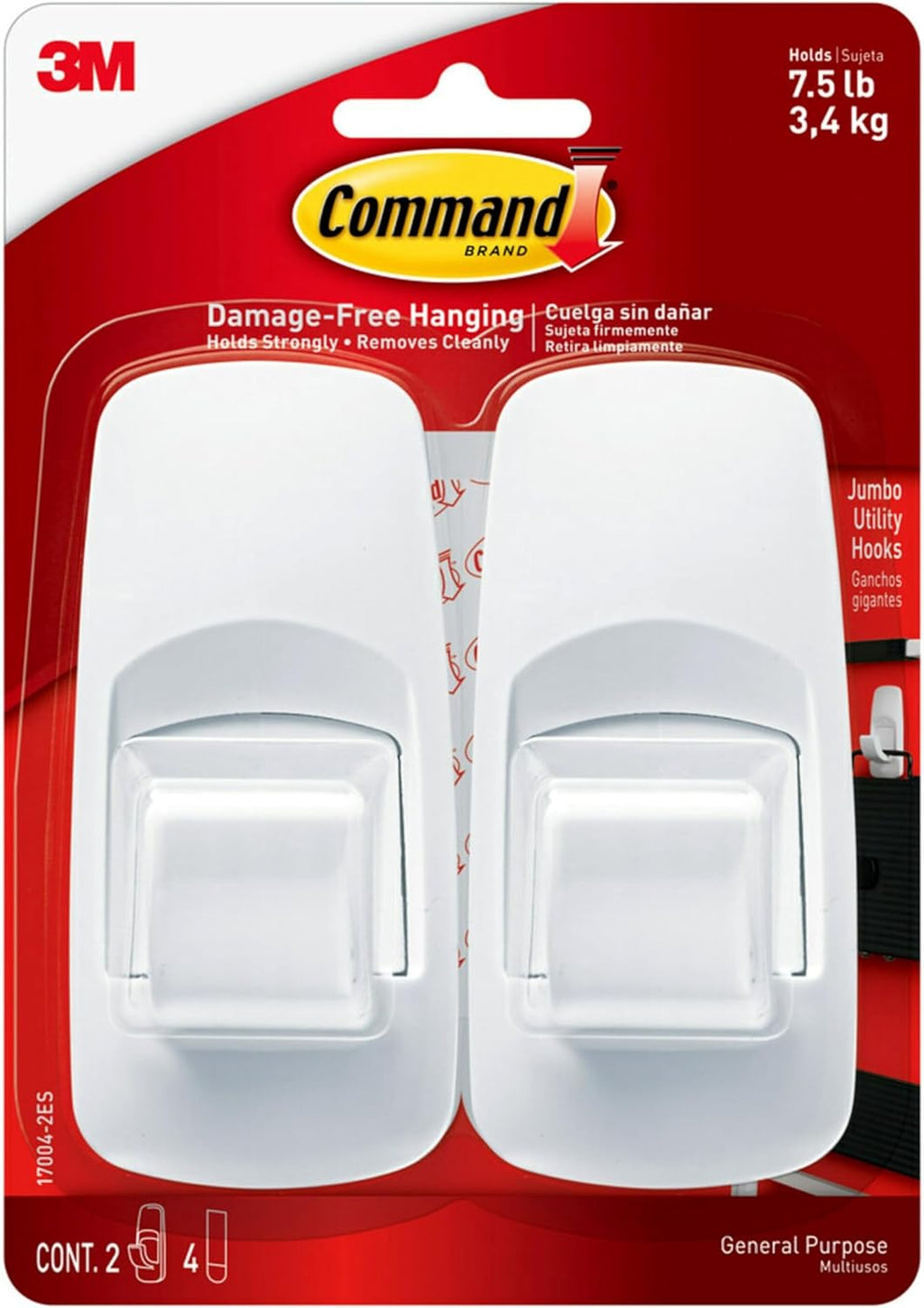 Command Jumbo Utility Hook - 7.5 lb Capacity | Damage-Free Adhesive Wall Hooks for Easy Organization