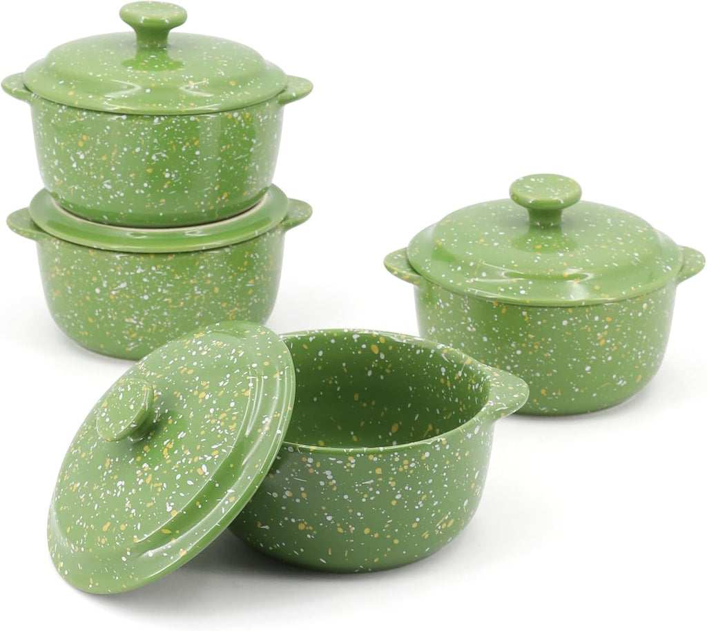Skiennix Mini Ceramic Casserole Dishes - Oven-Safe 10 Oz Ramekins with Lids & Handles | Green 4-Pack