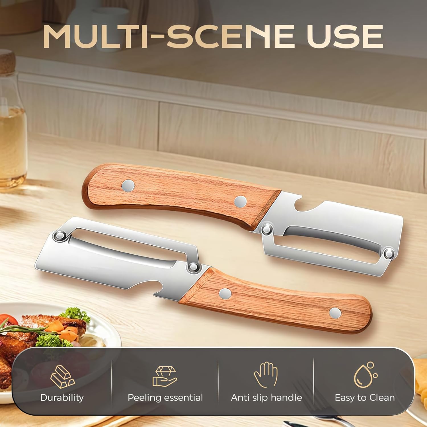 Skiennix Multifunctional Vegetable Peeler Set - 2 Wooden Handle Peelers with Bottle Opener for Fruits & Veggies