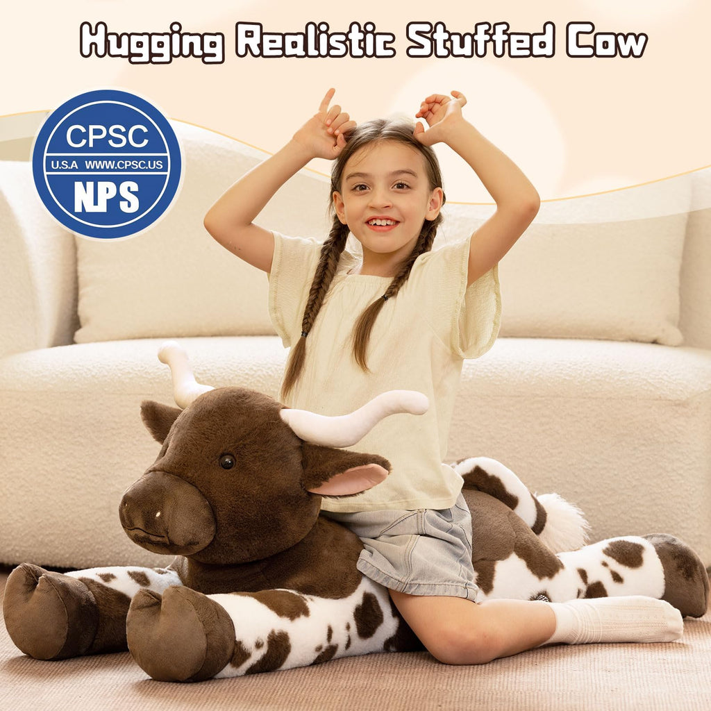 Tezituor 43.3 Giant Longhorn Cow Stuffed Animal, Hugging Fluffy Stuffed Cow Plush Body Pillow, Realistic Large Texas Longhorn Bull Farm Plush Toy for Boys Girls