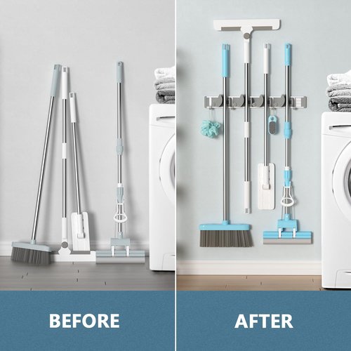 Holikme Wall Mount Mop Broom Holder - Metal Kitchen & Garden Tool Organizer | 4 Positions, Silver
