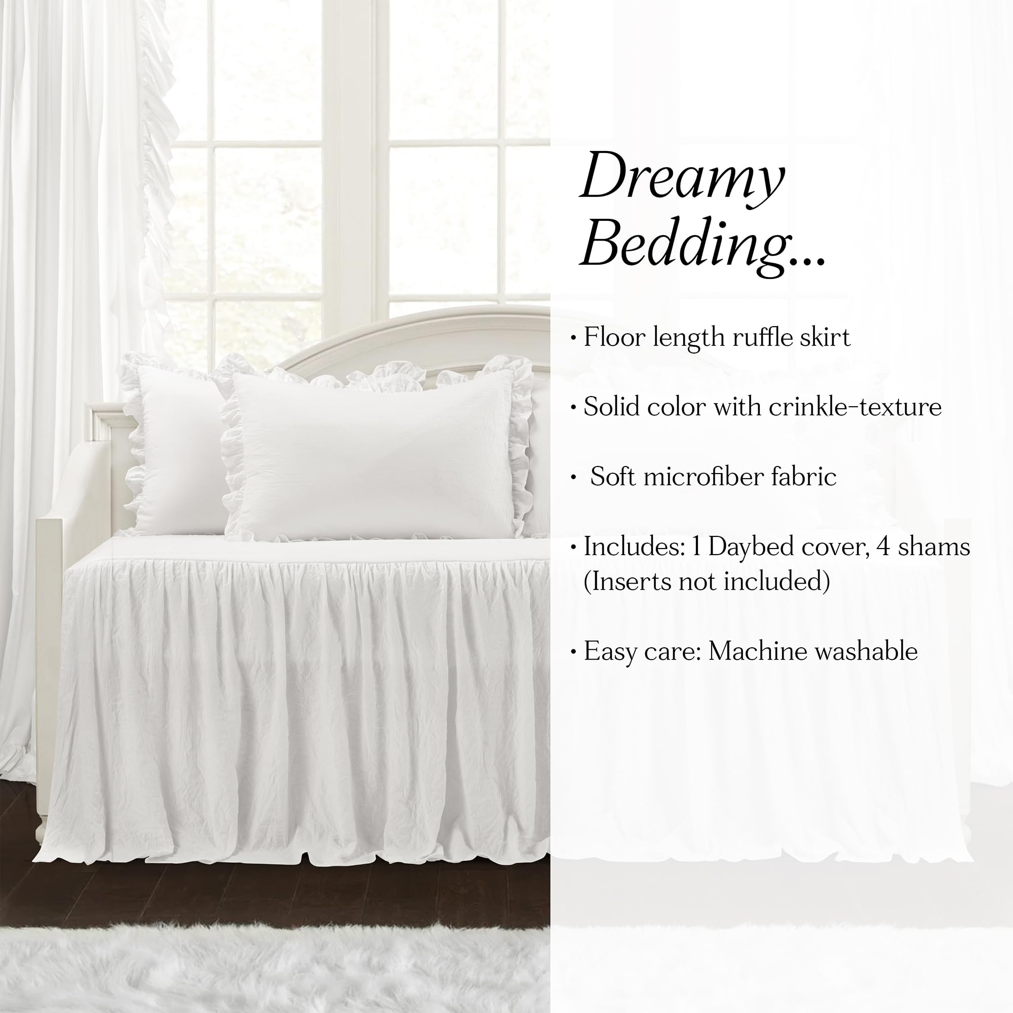 Lush Decor Ruffle Skirt Daybed Cover 5 Piece Set 39"W x 75"L White - Ruffled Bedding Set - Farmhouse Bedding Twin Bedspread - Twin Bedspread