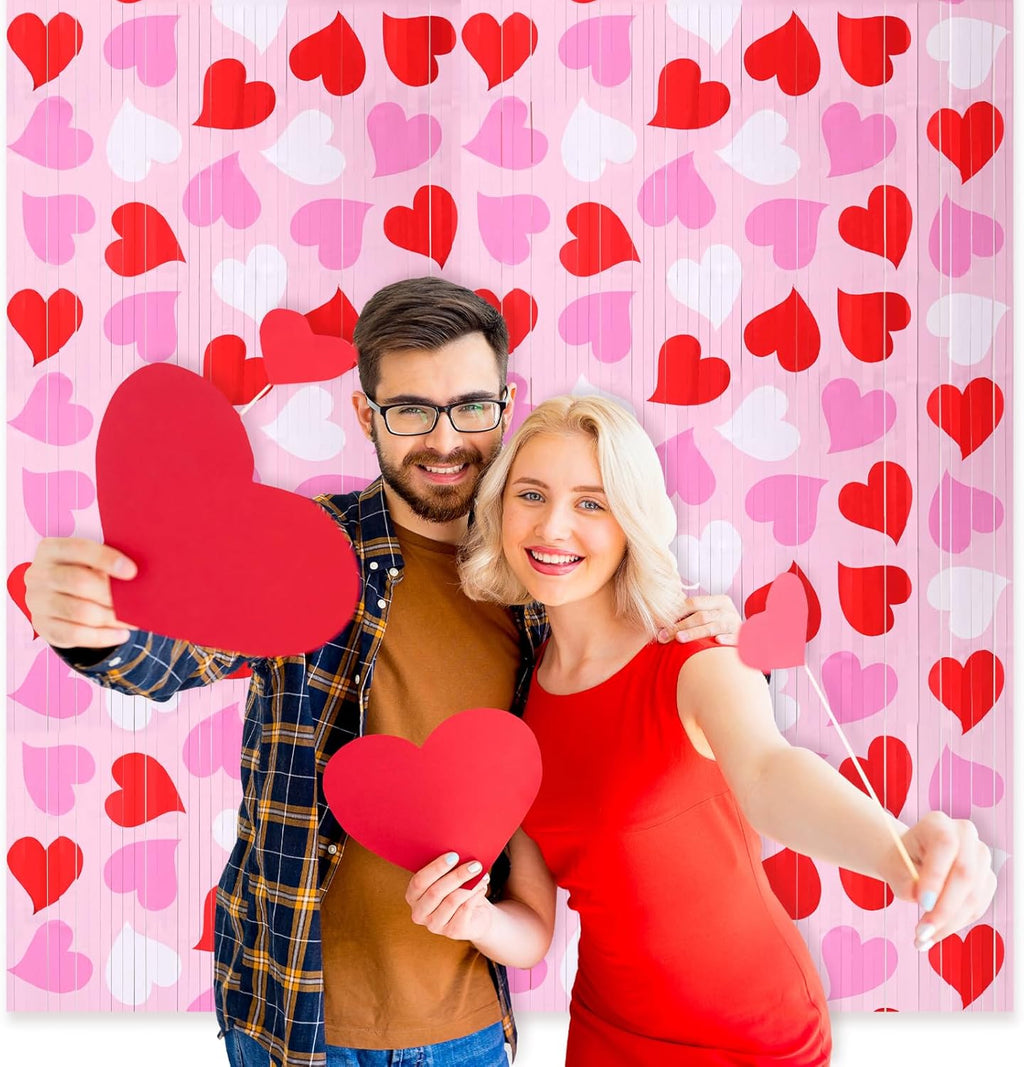 Mega-L Birthday Party Decorations - 2 Pack Red, Pink & White Heart Foil Fringe Curtains | 3.3x6.6 ft Tinsel Backdrop