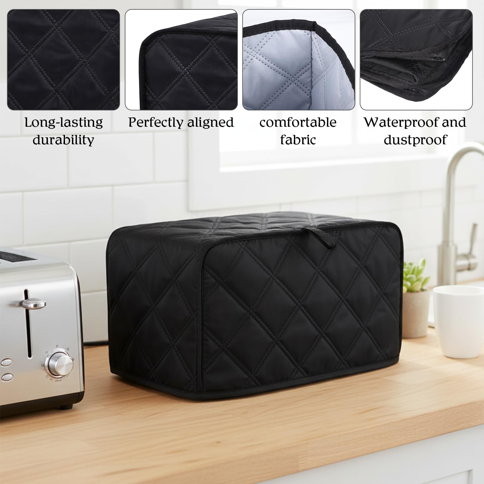 2 Slice Toaster Cover, Toaster Covers 2 Slice Wide Slot, Universal Size Two Slice Toasters Cover, Quilted Polyester and Cotton Dust Protection for Kitchen Small Appliance, Black