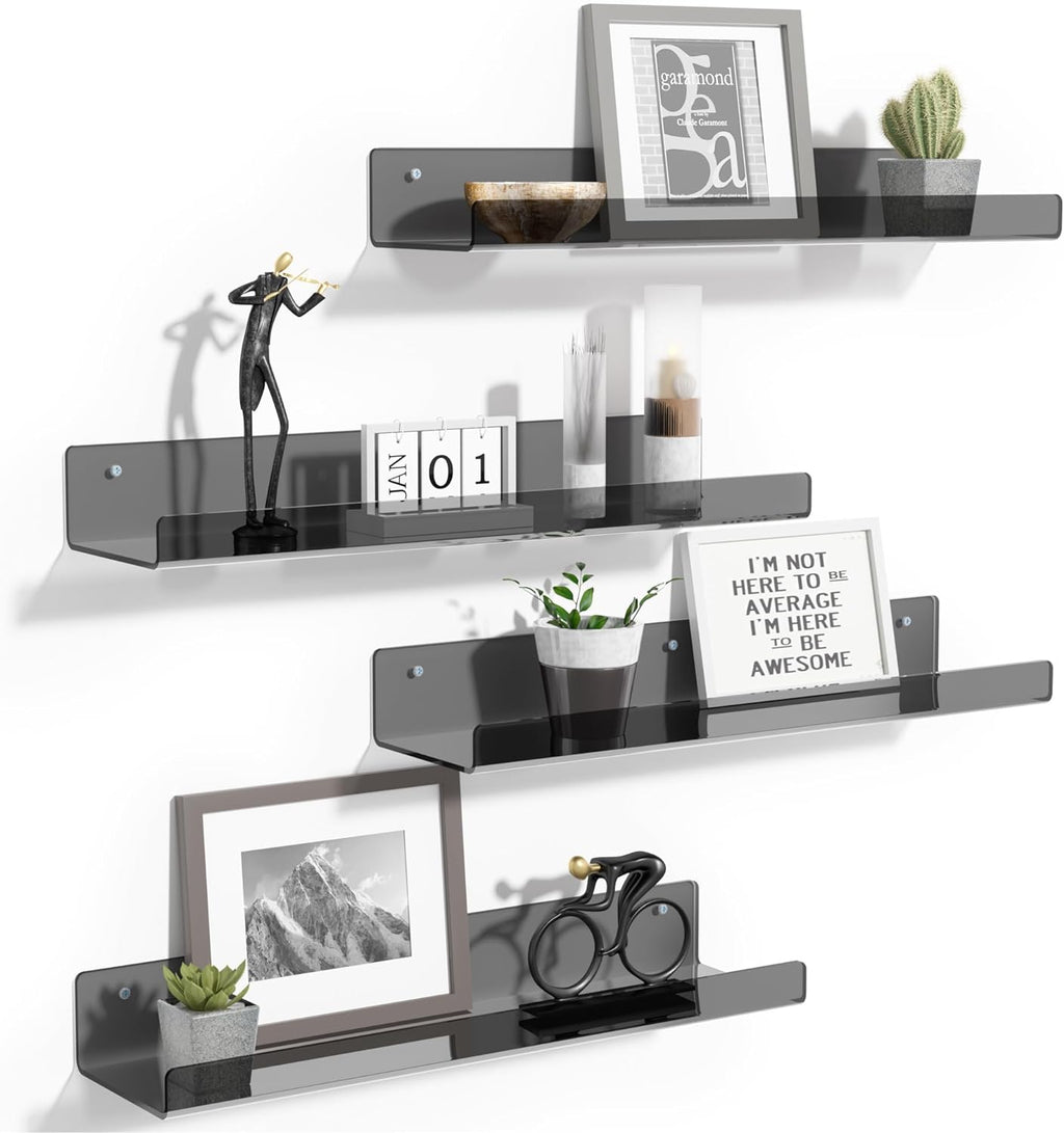 Upsimples Acrylic Wall Shelves - 15" Floating Display Shelf & Perfume Organizer | Clear Black, 4 Pack