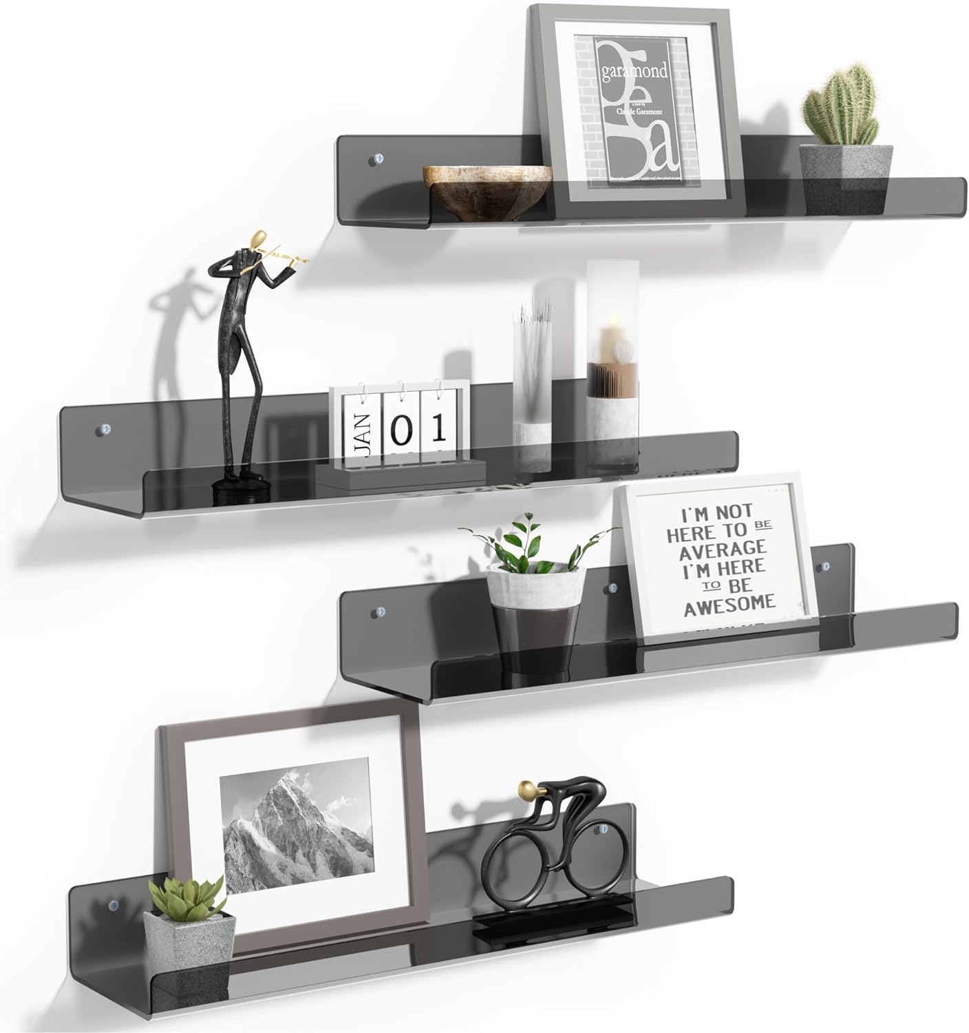Upsimples Acrylic Wall Shelves - 15" Floating Display Shelf & Perfume Organizer | Clear Black, 4 Pack