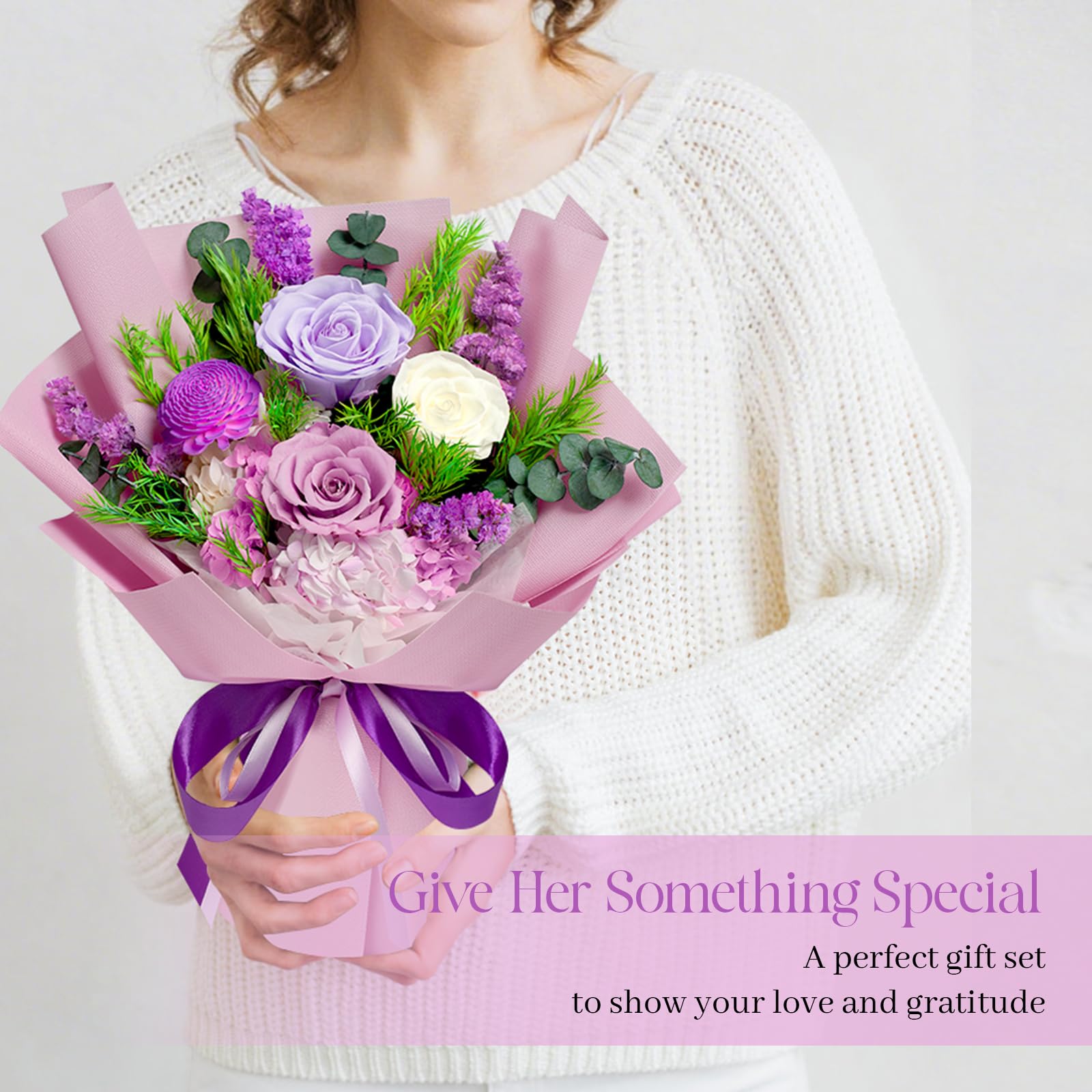Preserved Flowers Bouquet - Birthday Gifts for Women, Real Flowers for Delivery Prime, Long-Lasting Eternal Rose for Her on Valentines Mothers Day Christmas Anniversary (Purple)