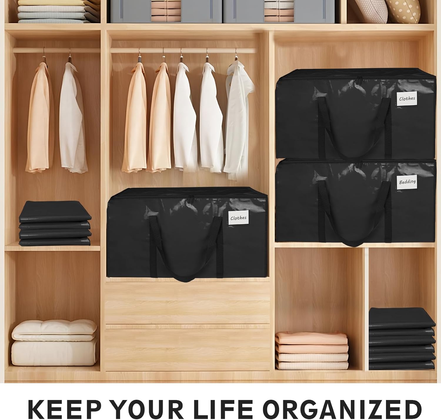 Skiennix Extra Large Heavy Duty Moving Bags - Waterproof Storage Totes with Handles & Zippers | 6 Pack (Black)