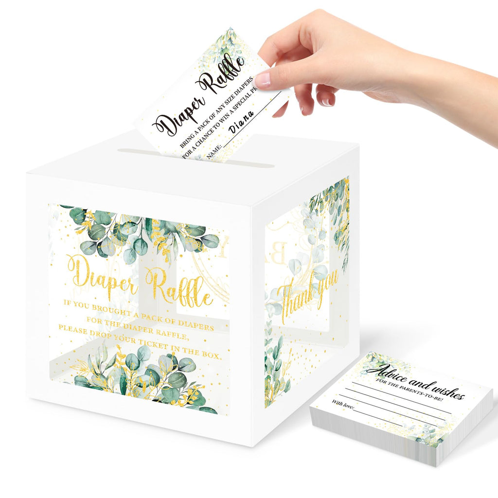 Greenery Baby Shower Games for Girl or Boy, Oh Baby Sage Green Diaper Raffle Card Box with Tickets for Boy Baby Shower Decorations