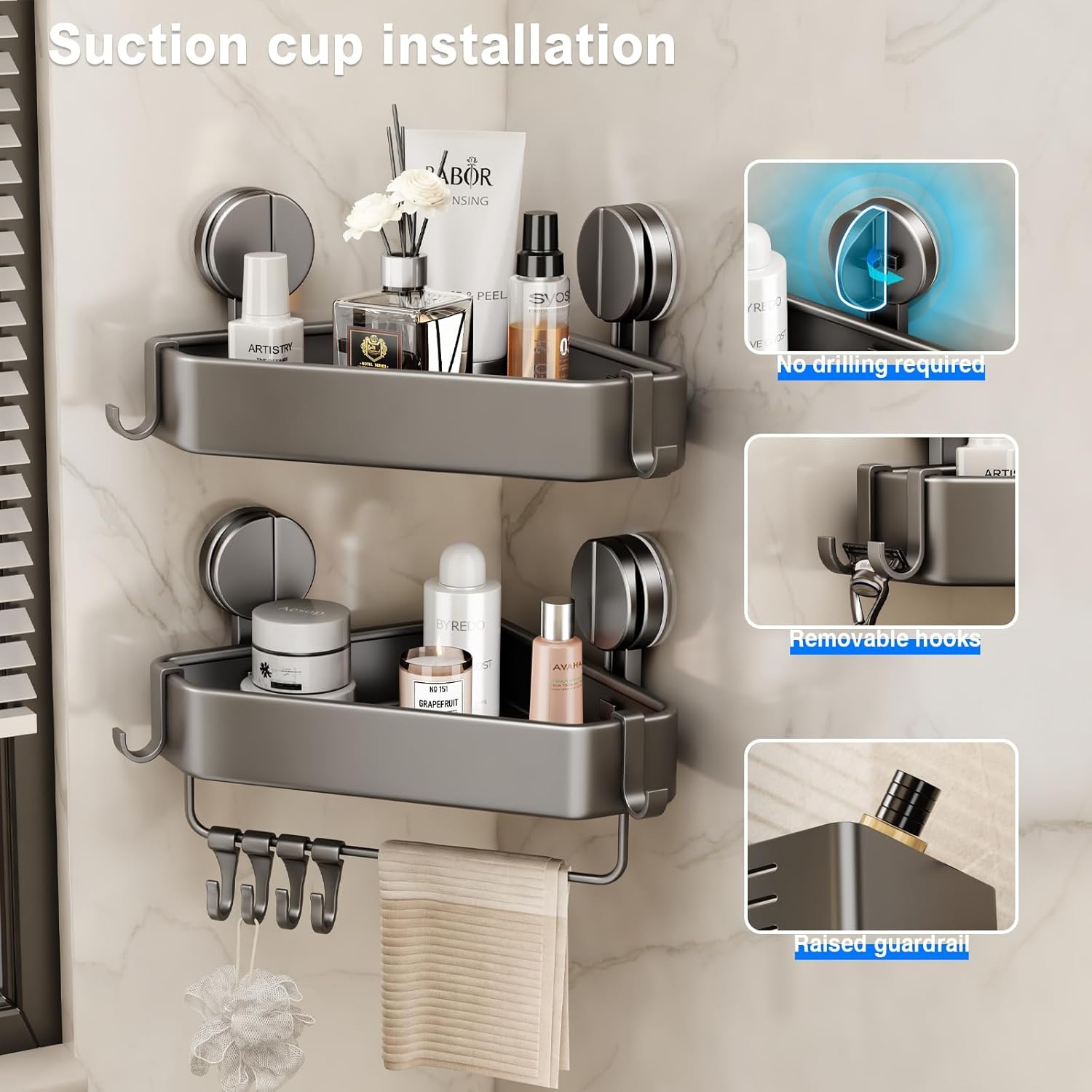 Mustorn Suction Cup Shower Caddy - Rustproof Corner Organizer with Towel Holder & Hooks | 2 Pack (Gray)