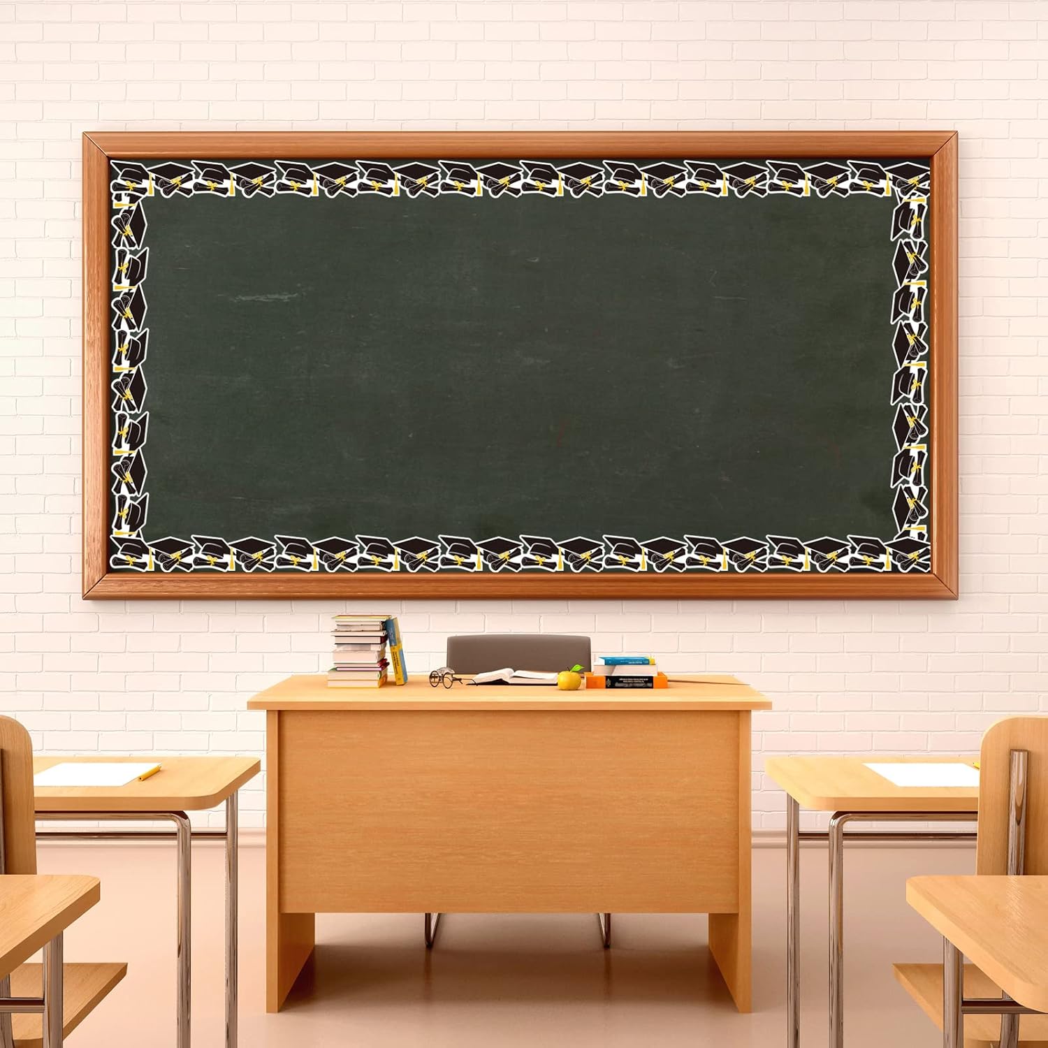 Whaline Graduation Bulletin Board Border - Firework & Cap Design | 69Ft Black, Gold & White Decor