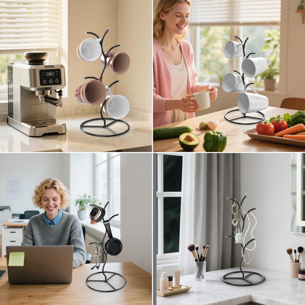 Beesini 2 Pack Mug Holder, Metal Coffee Mug Holders Tree, Decorative Mug Rack, Mug Cup Tree for Kitchen Decor Organizer, Black