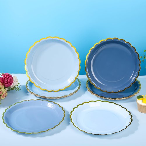 AimFun 48 Pcs Dusty Blue Scalloped Party Plates Gold Foil Border Paper Plates Disposable 9inch Gradient Serving Plates for Birthday Wedding Bridal Baby Shower Party Supplies