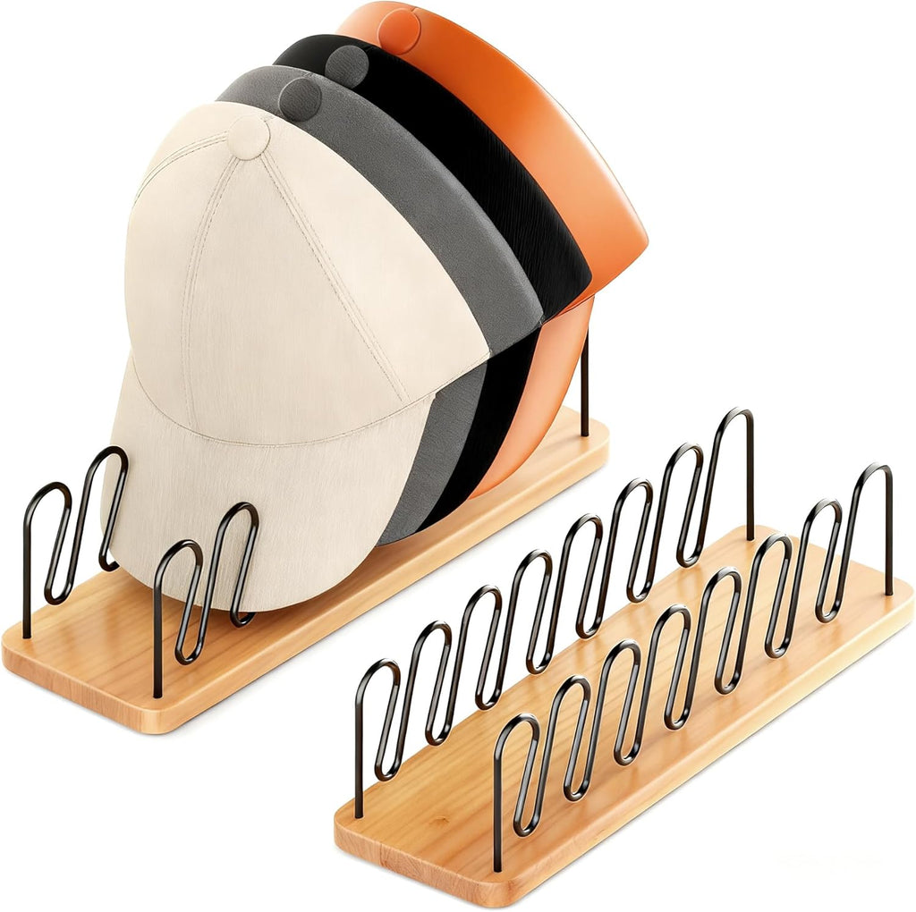 UdoUto Hat Organizer - Space-Saving Wood & Metal Rack Holds 14 Baseball Caps | 2-Pack for Closet & Entryway