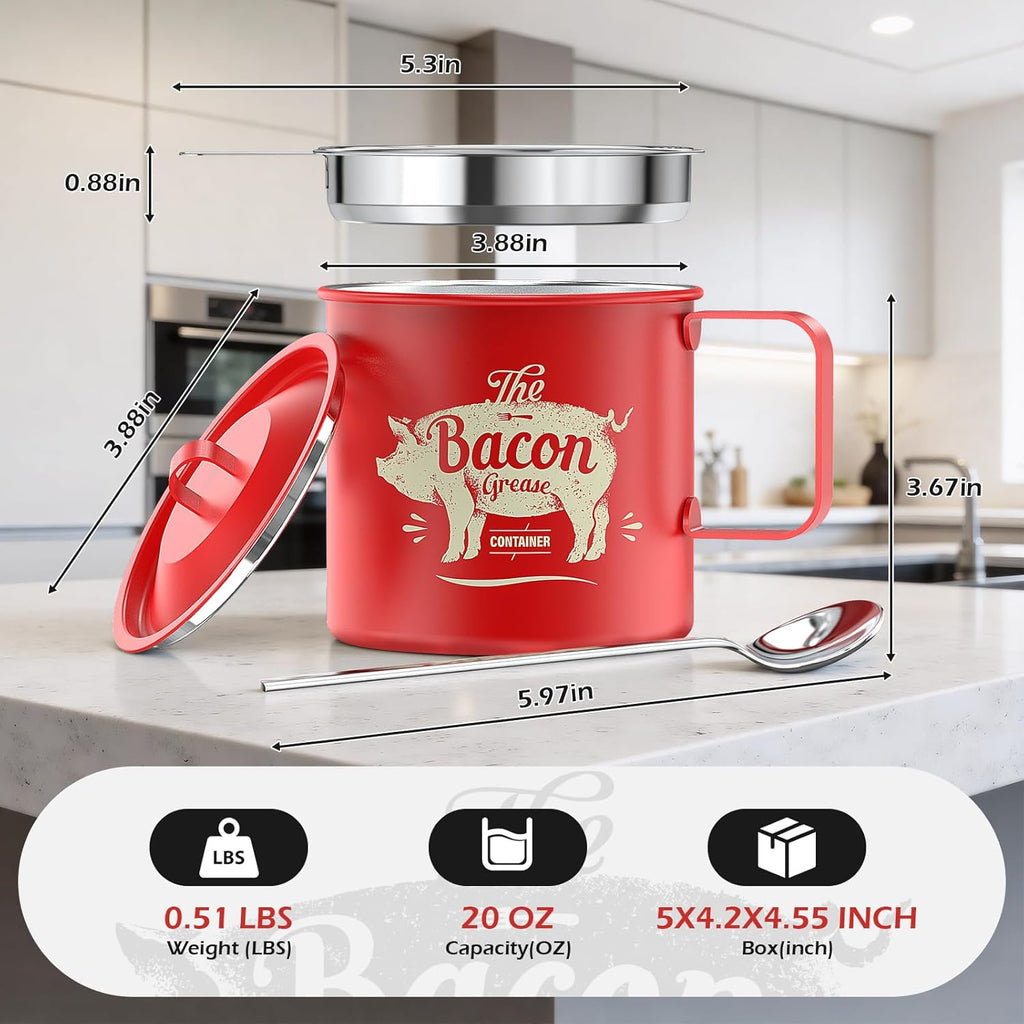 PGYARD Mini Bacon Grease Saver - 20 Oz Stainless Steel Oil Container | Dishwasher Safe Red Bacon Keeper