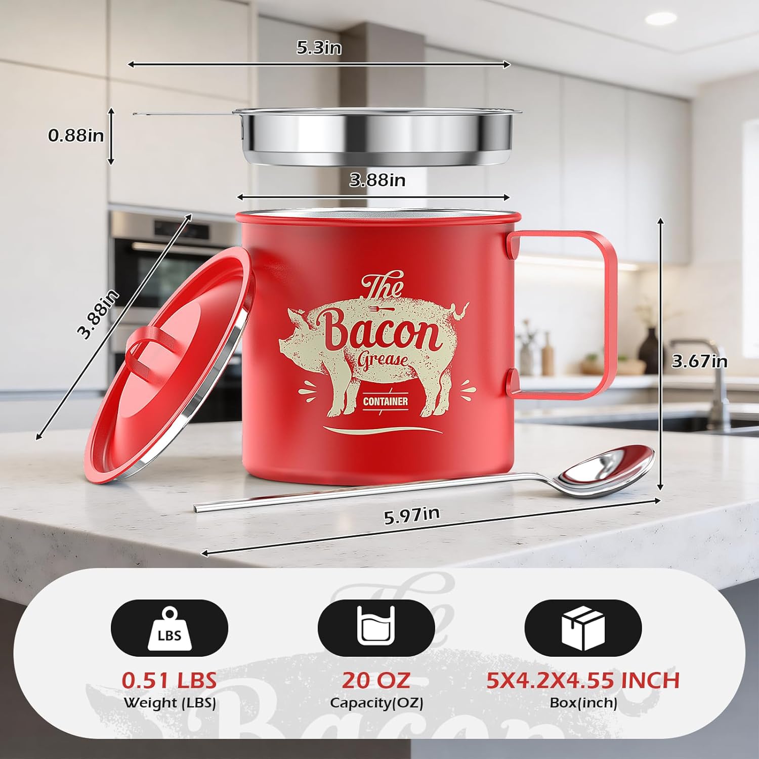 PGYARD Mini Bacon Grease Saver - 20 Oz Stainless Steel Oil Container | Dishwasher Safe Red Bacon Keeper