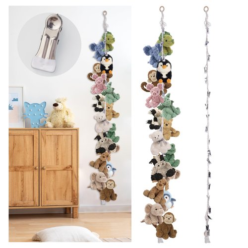 NiHome Cotton Hanging Storage Chain For Stuffed Animals Display Holder with 20 Stainless Steel Clips, 80" Plushies Storage Organizer for Wall/Nursery/Loft Bed,Suit for Toys Photos Hats Artwork, 1 Rope