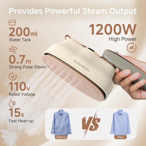 Steamer For Clothes, Steamer ＆ Iron 2 In 1,Portable Handheld travel Steam,1200W 15s Heat Up for Travel Size,Wrinkle Remover,200ml Tank,3 Modes for dress shirts for home travel,Beige, 120V
