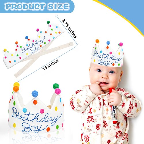 Hand Embroidered Birthday Boy Crown Hat, Reusable Rainbow Party Hat, Made From 100% Natural Fiber Linen, Boy First Birthday Crown With Wool Balls for Kids Boys Celebration Party Decor Fit All Ages